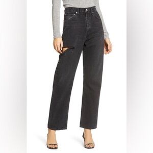 Agolde 90s Mid Rise Loose Black Denim Jeans Ripped Thigh